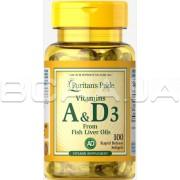Puritans Pride, Витамины А и Д (A & D3 Vitamins) 100 Rapid Release Softgels