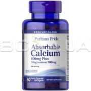 Puritans Pride, Absorbable Calcium 600 mg plus Magnesium 300 mg (Кальций и Магний), 60 Rapid Release Softgels